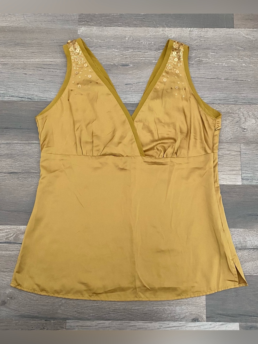 Y2K New York & Company Yellow Satin V-Neck Sequin Tank Top Size 4